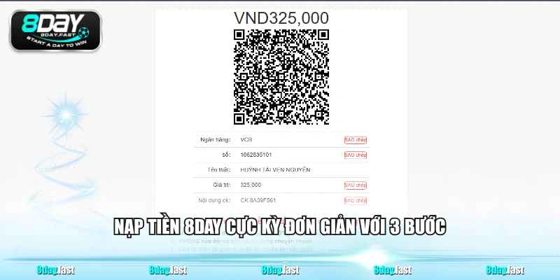 Nạp tiền 8DAY cực kỳ đơn giản với 3 bước